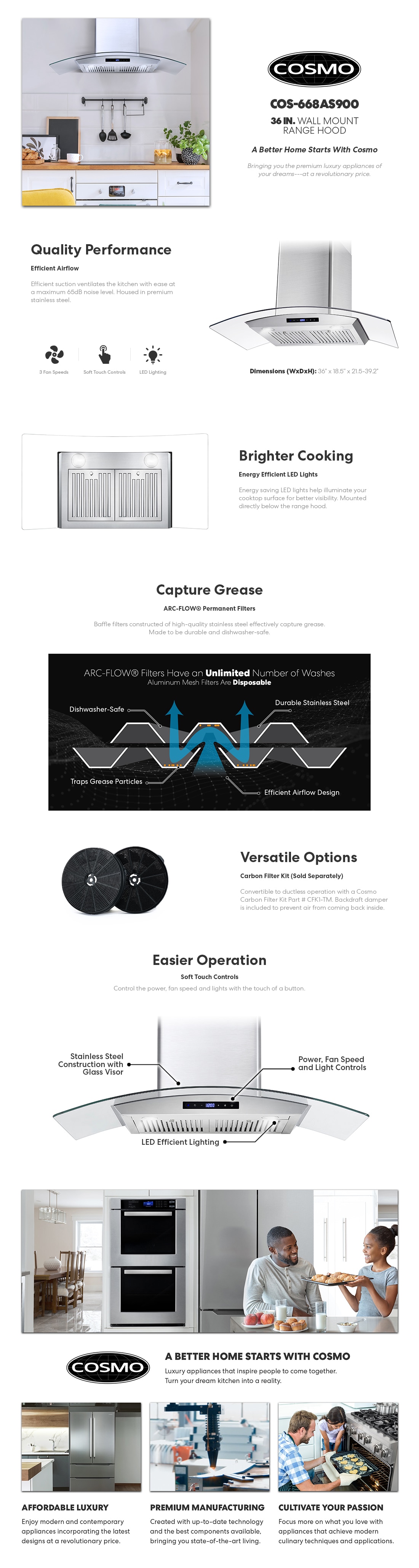 Cosmo 36 in. Ducted Wall Mount Range Hood in Stainless Steel with Touch Controls, LED Lighting